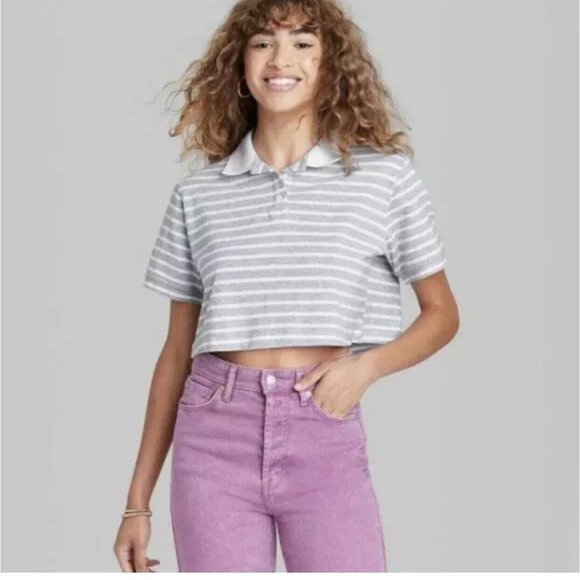 Womens Short Sleeve Boxy Cropped Polo T Shirt Wild Fable Gray Striped M - Picture 1 of 8